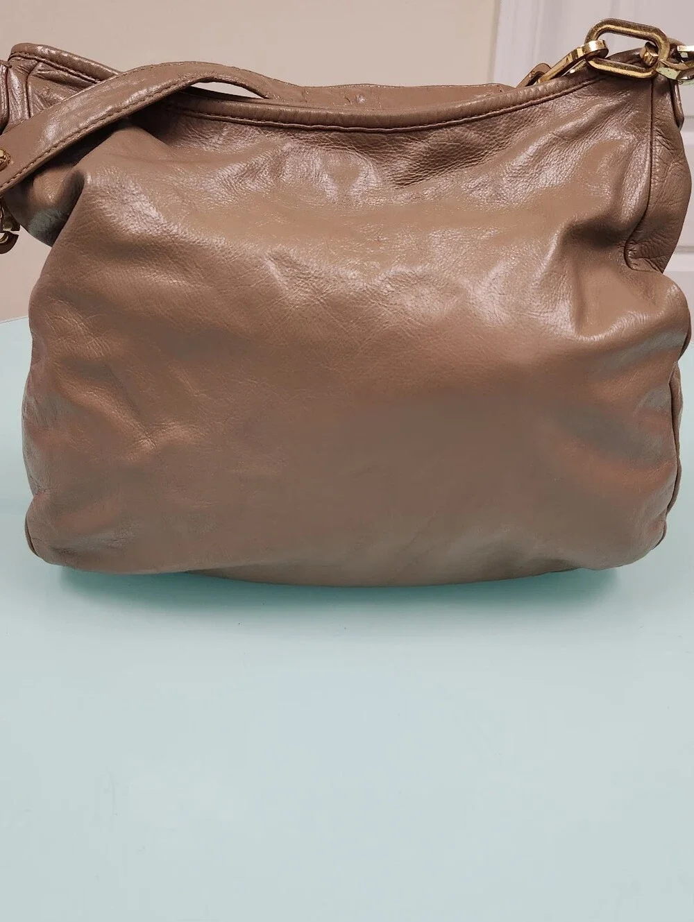 Tory Burch Taupe Brown Leather Shoulder Bag with Gold Logo